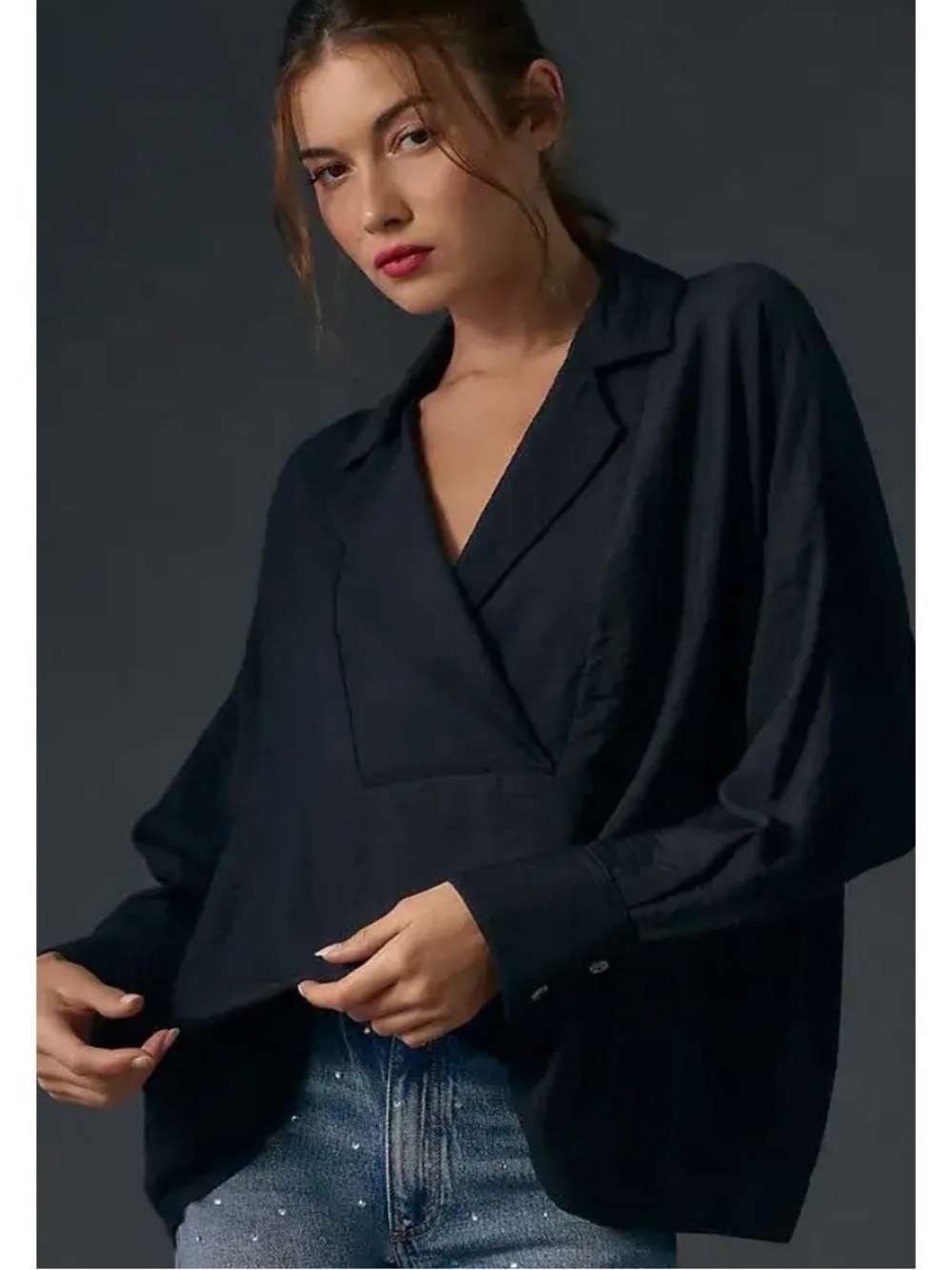 Anthropologie  Dylon Long-Sleeve Wide-Placket Black Blouse Top Size Large